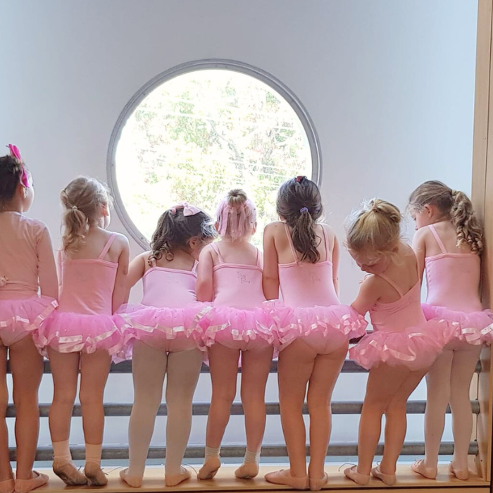 Seven little ballet dancers in pink Tiny Tutu's tutus and ballet shoes lined up in a ballet dance class for 4 year olds.